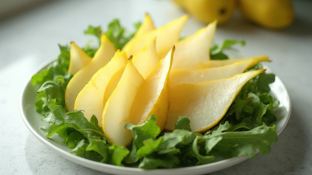 pears placed on arugula